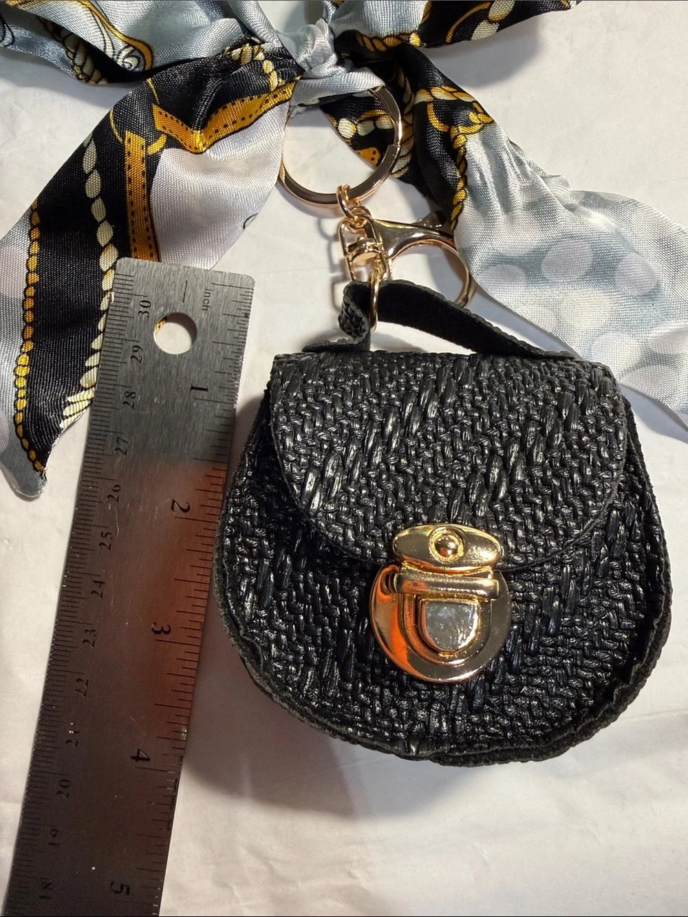 Black Woven Mini Purse Keychain with Gold Hardware with Silky Bow